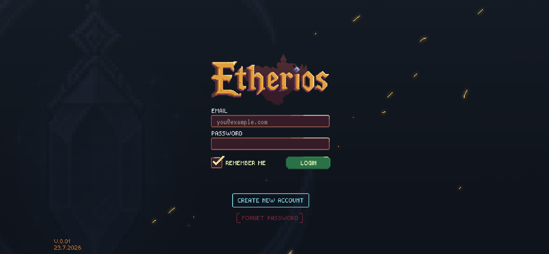 The Etherios title screen at night, embers drifting past the sign-in panel